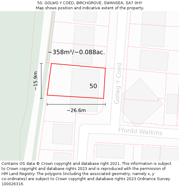 50, GOLWG Y COED, BIRCHGROVE, SWANSEA, SA7 0HY: Plot and title map