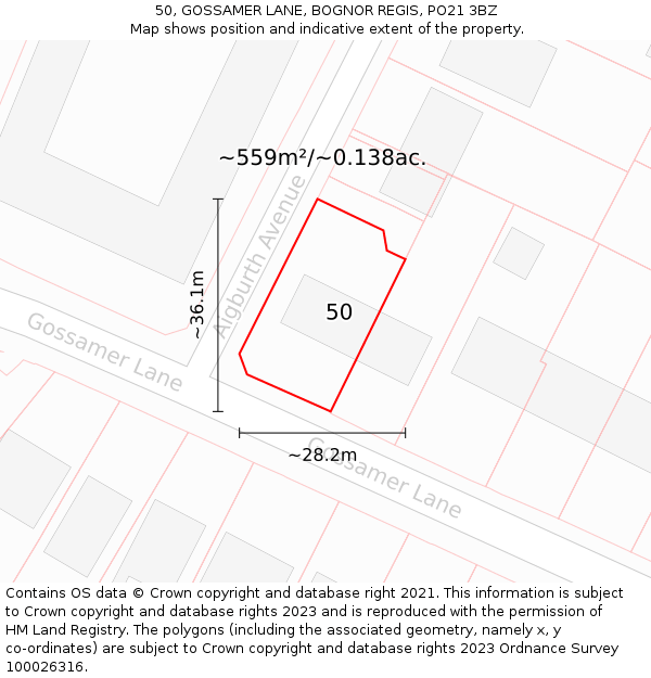 50, GOSSAMER LANE, BOGNOR REGIS, PO21 3BZ: Plot and title map