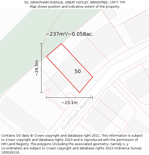 50, GRANTHAM AVENUE, GREAT NOTLEY, BRAINTREE, CM77 7FP: Plot and title map
