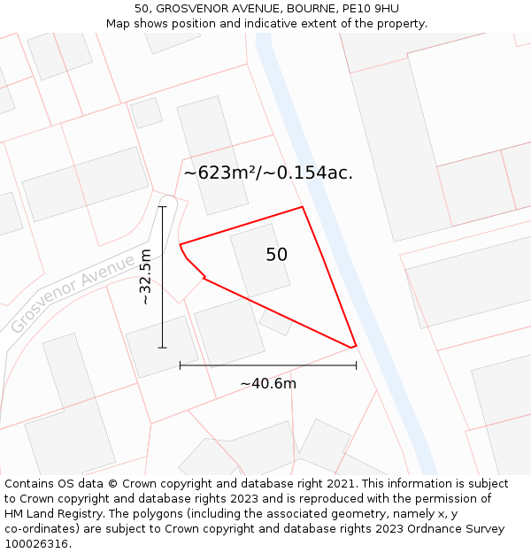 50, GROSVENOR AVENUE, BOURNE, PE10 9HU: Plot and title map