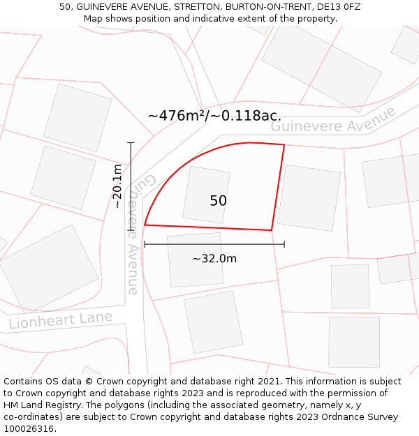 50, GUINEVERE AVENUE, STRETTON, BURTON-ON-TRENT, DE13 0FZ: Plot and title map