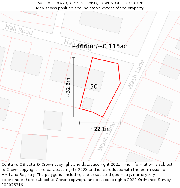 50, HALL ROAD, KESSINGLAND, LOWESTOFT, NR33 7PP: Plot and title map