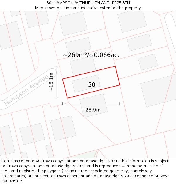 50, HAMPSON AVENUE, LEYLAND, PR25 5TH: Plot and title map