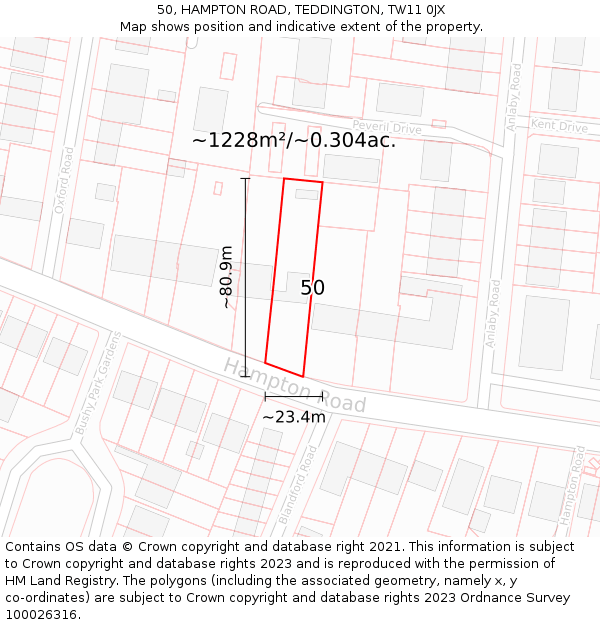 50, HAMPTON ROAD, TEDDINGTON, TW11 0JX: Plot and title map