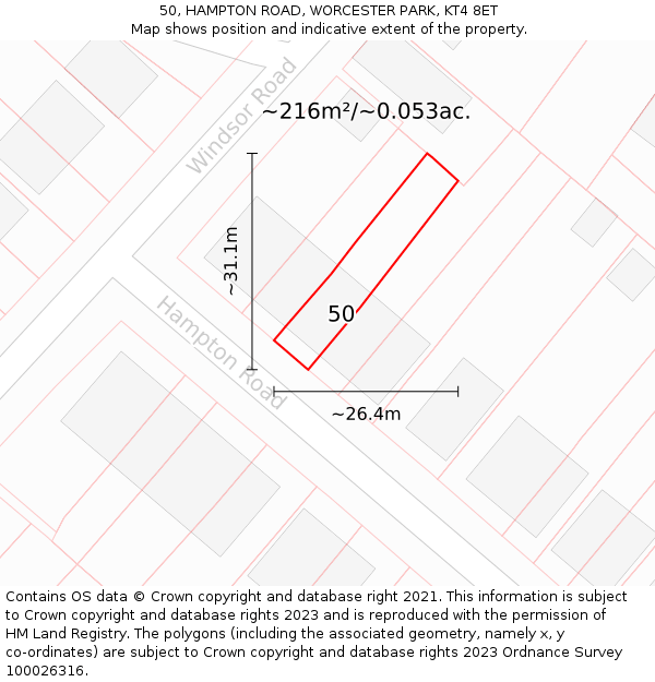 50, HAMPTON ROAD, WORCESTER PARK, KT4 8ET: Plot and title map