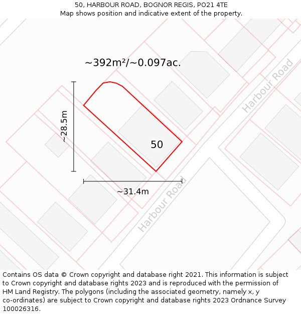 50, HARBOUR ROAD, BOGNOR REGIS, PO21 4TE: Plot and title map