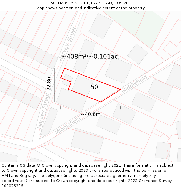 50, HARVEY STREET, HALSTEAD, CO9 2LH: Plot and title map