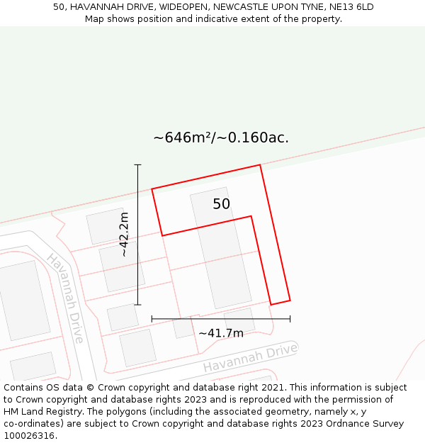 50, HAVANNAH DRIVE, WIDEOPEN, NEWCASTLE UPON TYNE, NE13 6LD: Plot and title map