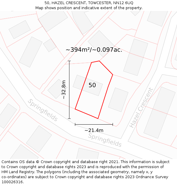 50, HAZEL CRESCENT, TOWCESTER, NN12 6UQ: Plot and title map