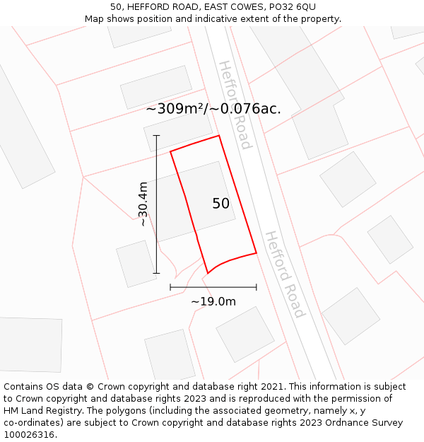 50, HEFFORD ROAD, EAST COWES, PO32 6QU: Plot and title map