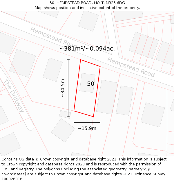 50, HEMPSTEAD ROAD, HOLT, NR25 6DG: Plot and title map