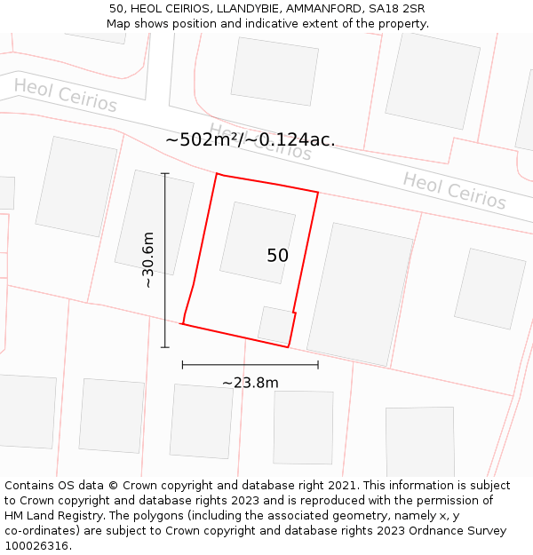 50, HEOL CEIRIOS, LLANDYBIE, AMMANFORD, SA18 2SR: Plot and title map