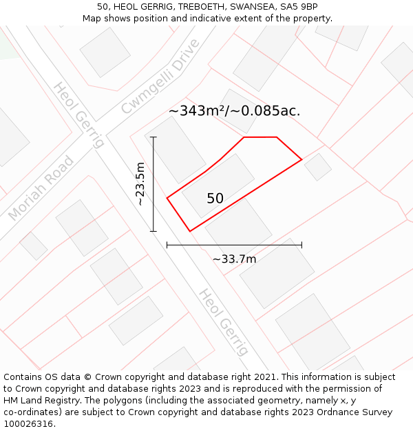 50, HEOL GERRIG, TREBOETH, SWANSEA, SA5 9BP: Plot and title map