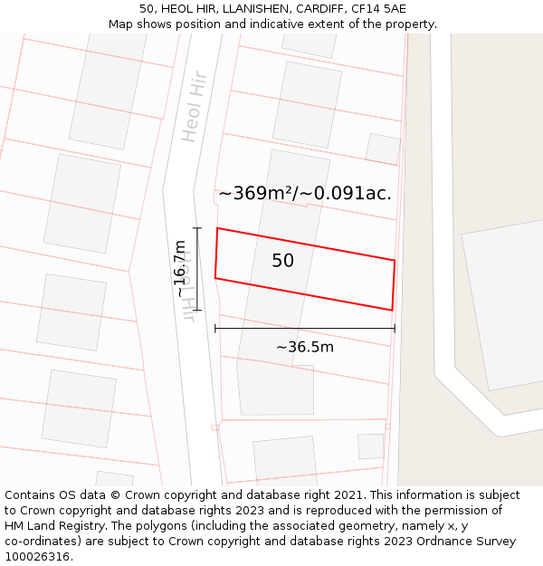 50, HEOL HIR, LLANISHEN, CARDIFF, CF14 5AE: Plot and title map