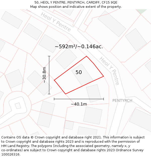50, HEOL Y PENTRE, PENTYRCH, CARDIFF, CF15 9QE: Plot and title map