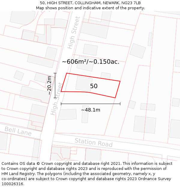 50, HIGH STREET, COLLINGHAM, NEWARK, NG23 7LB: Plot and title map