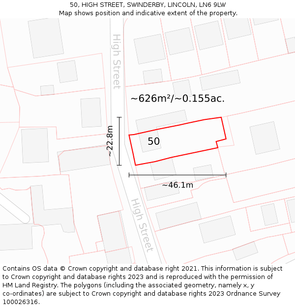 50, HIGH STREET, SWINDERBY, LINCOLN, LN6 9LW: Plot and title map