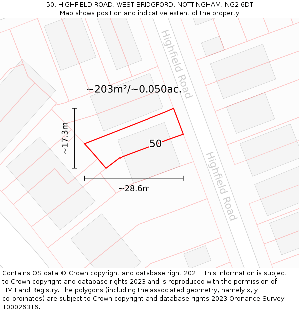 50, HIGHFIELD ROAD, WEST BRIDGFORD, NOTTINGHAM, NG2 6DT: Plot and title map