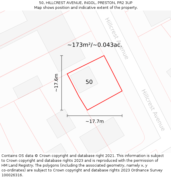 50, HILLCREST AVENUE, INGOL, PRESTON, PR2 3UP: Plot and title map