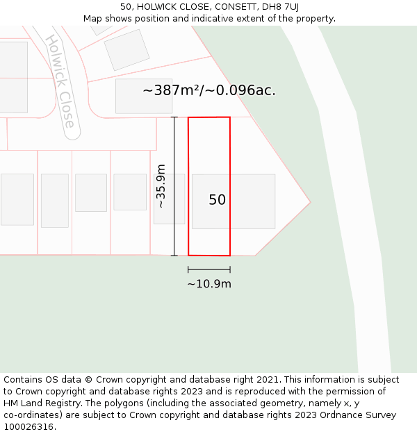 50, HOLWICK CLOSE, CONSETT, DH8 7UJ: Plot and title map