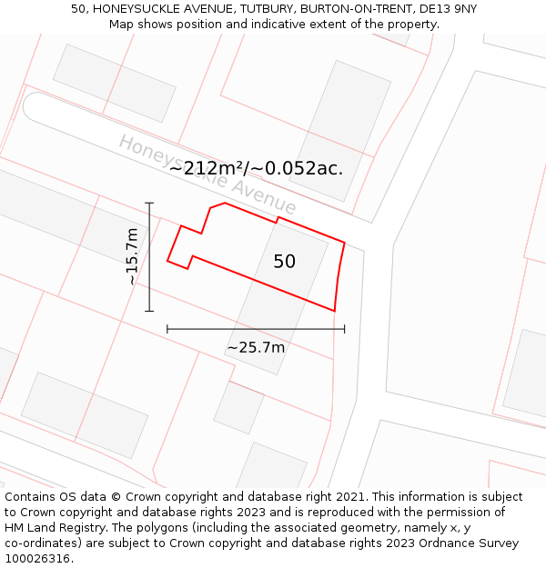 50, HONEYSUCKLE AVENUE, TUTBURY, BURTON-ON-TRENT, DE13 9NY: Plot and title map