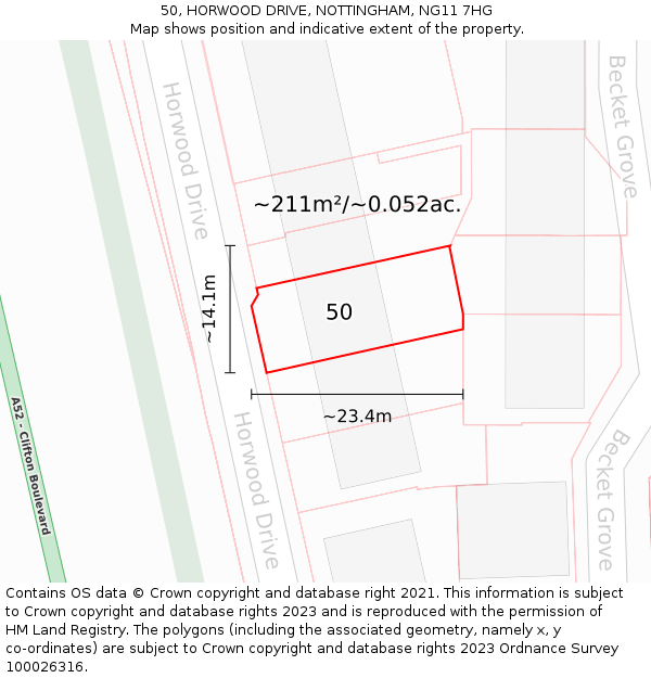 50, HORWOOD DRIVE, NOTTINGHAM, NG11 7HG: Plot and title map