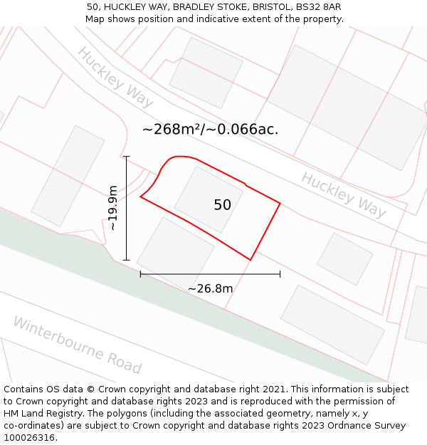 50, HUCKLEY WAY, BRADLEY STOKE, BRISTOL, BS32 8AR: Plot and title map