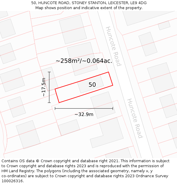 50, HUNCOTE ROAD, STONEY STANTON, LEICESTER, LE9 4DG: Plot and title map