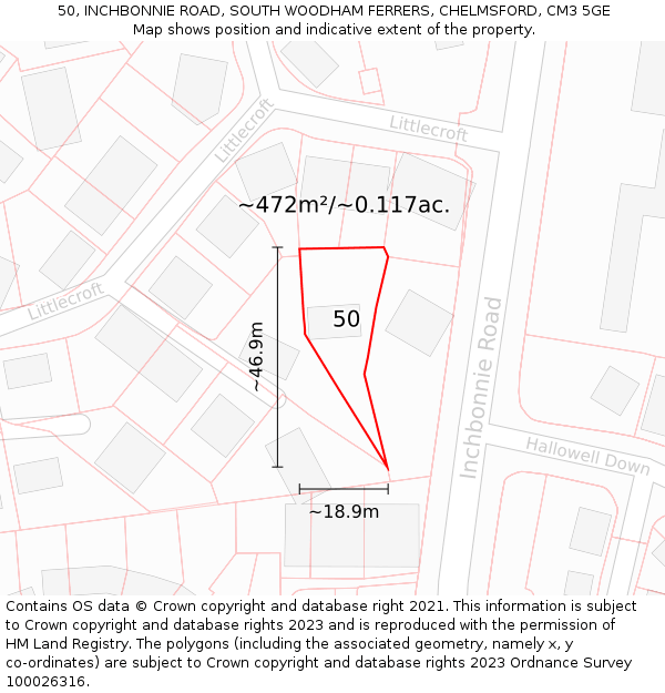 50, INCHBONNIE ROAD, SOUTH WOODHAM FERRERS, CHELMSFORD, CM3 5GE: Plot and title map