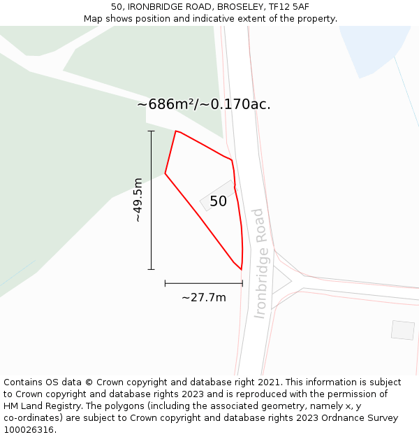 50, IRONBRIDGE ROAD, BROSELEY, TF12 5AF: Plot and title map