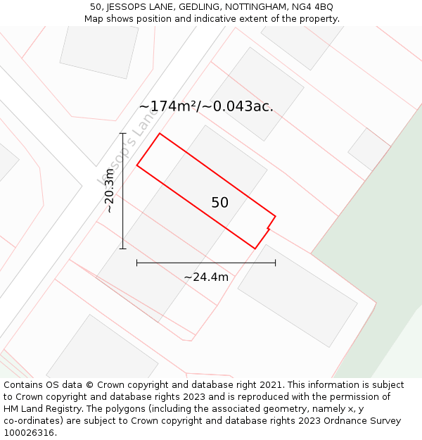 50, JESSOPS LANE, GEDLING, NOTTINGHAM, NG4 4BQ: Plot and title map