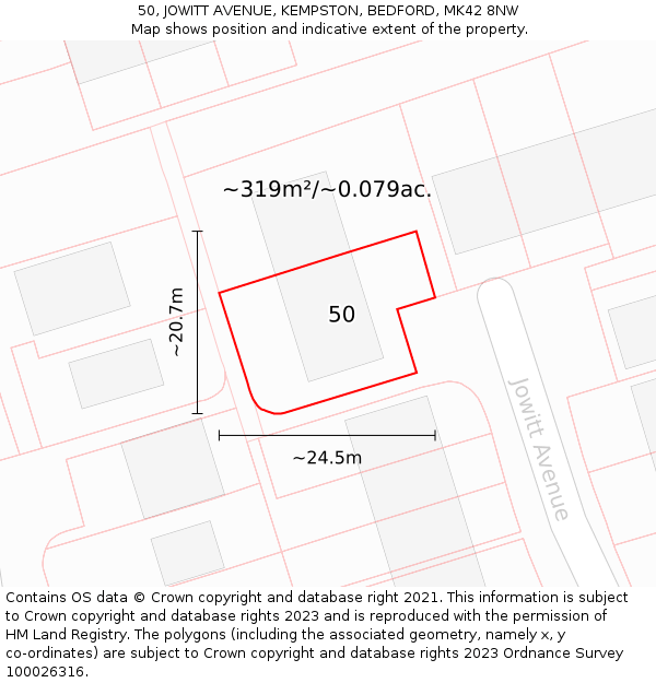 50, JOWITT AVENUE, KEMPSTON, BEDFORD, MK42 8NW: Plot and title map