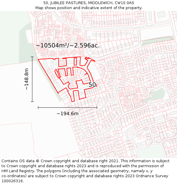 50, JUBILEE PASTURES, MIDDLEWICH, CW10 0AS: Plot and title map