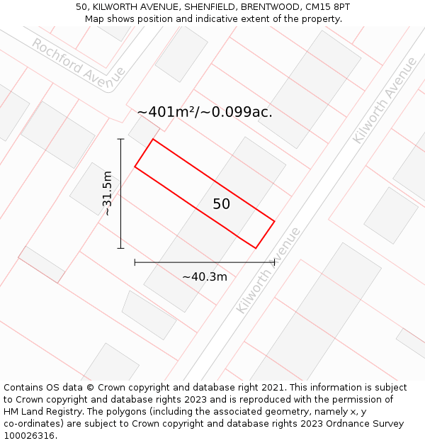 50, KILWORTH AVENUE, SHENFIELD, BRENTWOOD, CM15 8PT: Plot and title map