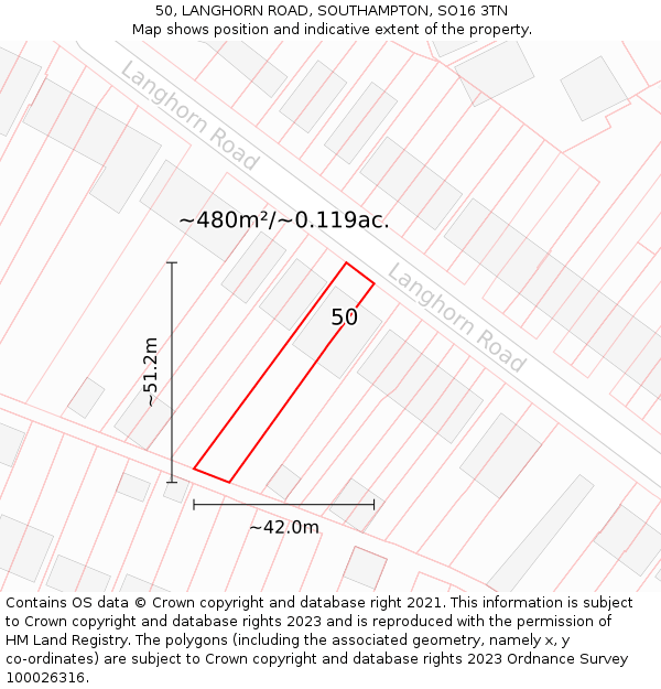 50, LANGHORN ROAD, SOUTHAMPTON, SO16 3TN: Plot and title map