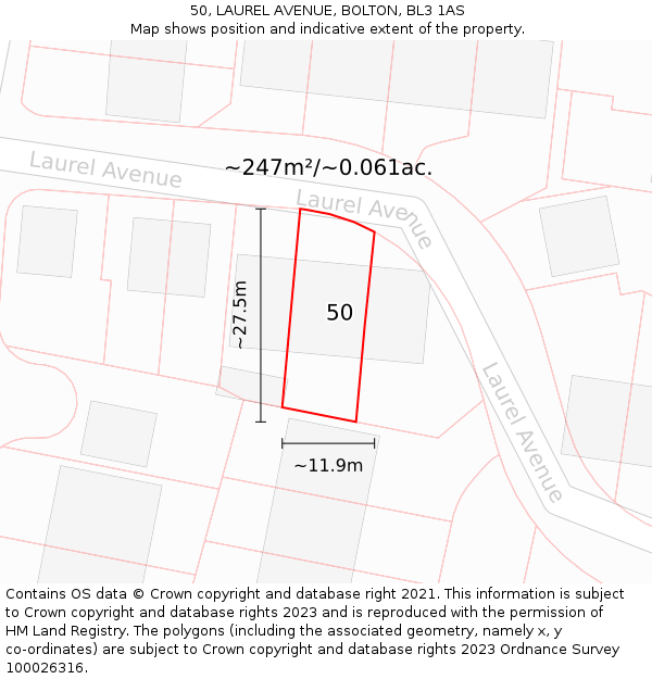 50, LAUREL AVENUE, BOLTON, BL3 1AS: Plot and title map