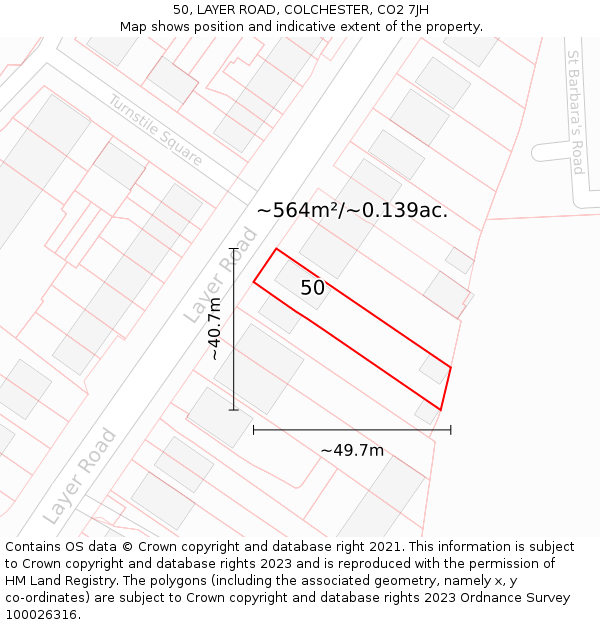 50, LAYER ROAD, COLCHESTER, CO2 7JH: Plot and title map