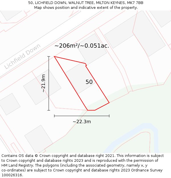 50, LICHFIELD DOWN, WALNUT TREE, MILTON KEYNES, MK7 7BB: Plot and title map