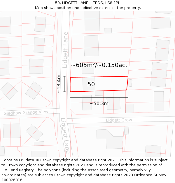 50, LIDGETT LANE, LEEDS, LS8 1PL: Plot and title map