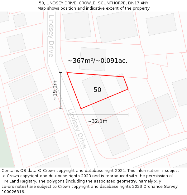 50, LINDSEY DRIVE, CROWLE, SCUNTHORPE, DN17 4NY: Plot and title map