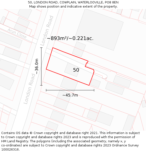 50, LONDON ROAD, COWPLAIN, WATERLOOVILLE, PO8 8EN: Plot and title map