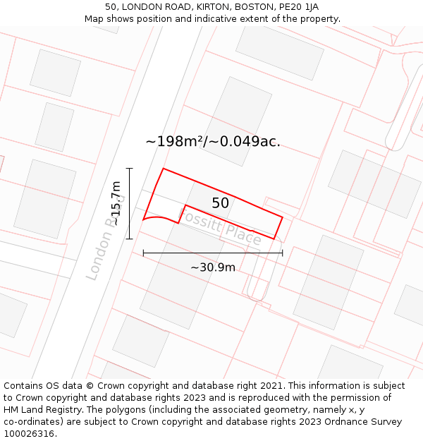 50, LONDON ROAD, KIRTON, BOSTON, PE20 1JA: Plot and title map