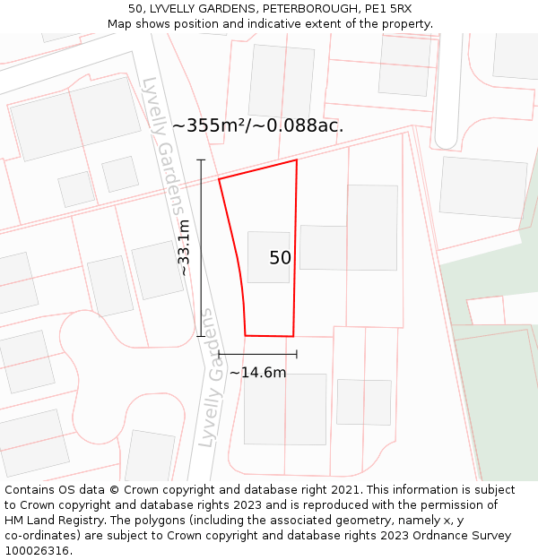 50, LYVELLY GARDENS, PETERBOROUGH, PE1 5RX: Plot and title map