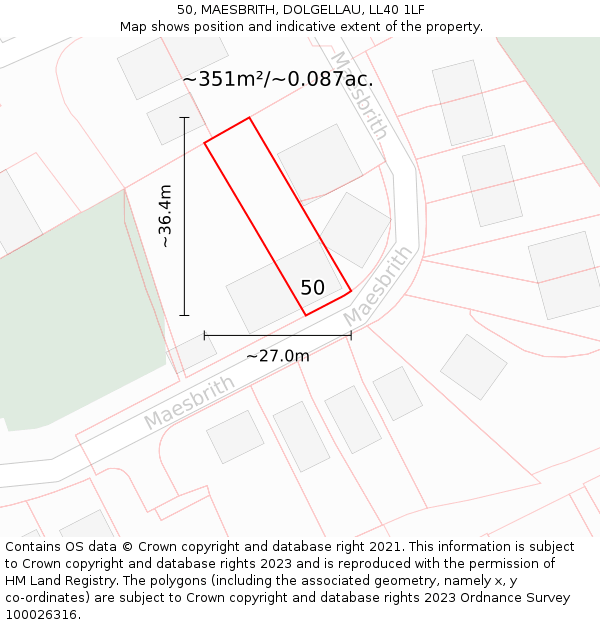 50, MAESBRITH, DOLGELLAU, LL40 1LF: Plot and title map