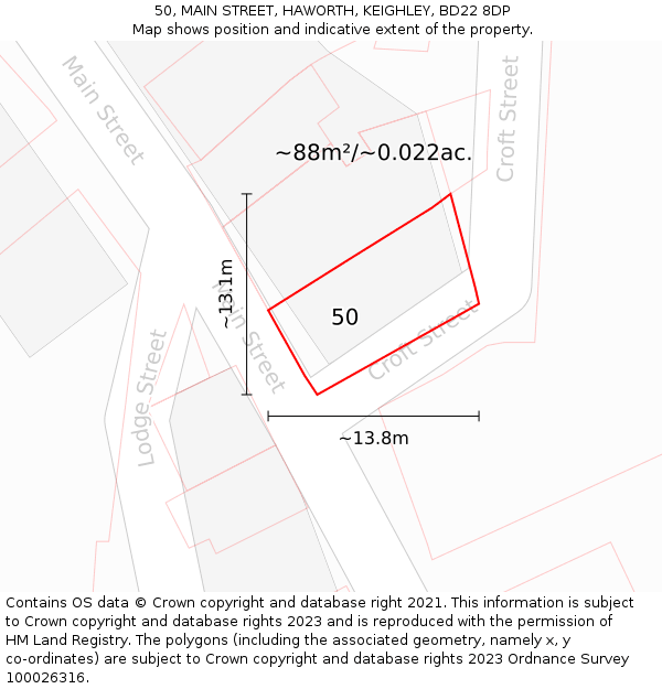 50, MAIN STREET, HAWORTH, KEIGHLEY, BD22 8DP: Plot and title map