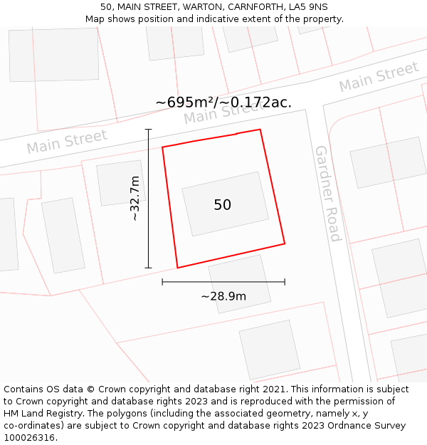 50, MAIN STREET, WARTON, CARNFORTH, LA5 9NS: Plot and title map