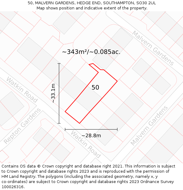 50, MALVERN GARDENS, HEDGE END, SOUTHAMPTON, SO30 2UL: Plot and title map