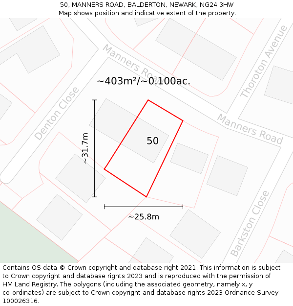 50, MANNERS ROAD, BALDERTON, NEWARK, NG24 3HW: Plot and title map