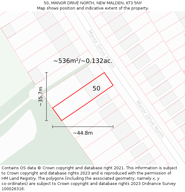 50, MANOR DRIVE NORTH, NEW MALDEN, KT3 5NY: Plot and title map