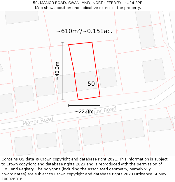 50, MANOR ROAD, SWANLAND, NORTH FERRIBY, HU14 3PB: Plot and title map